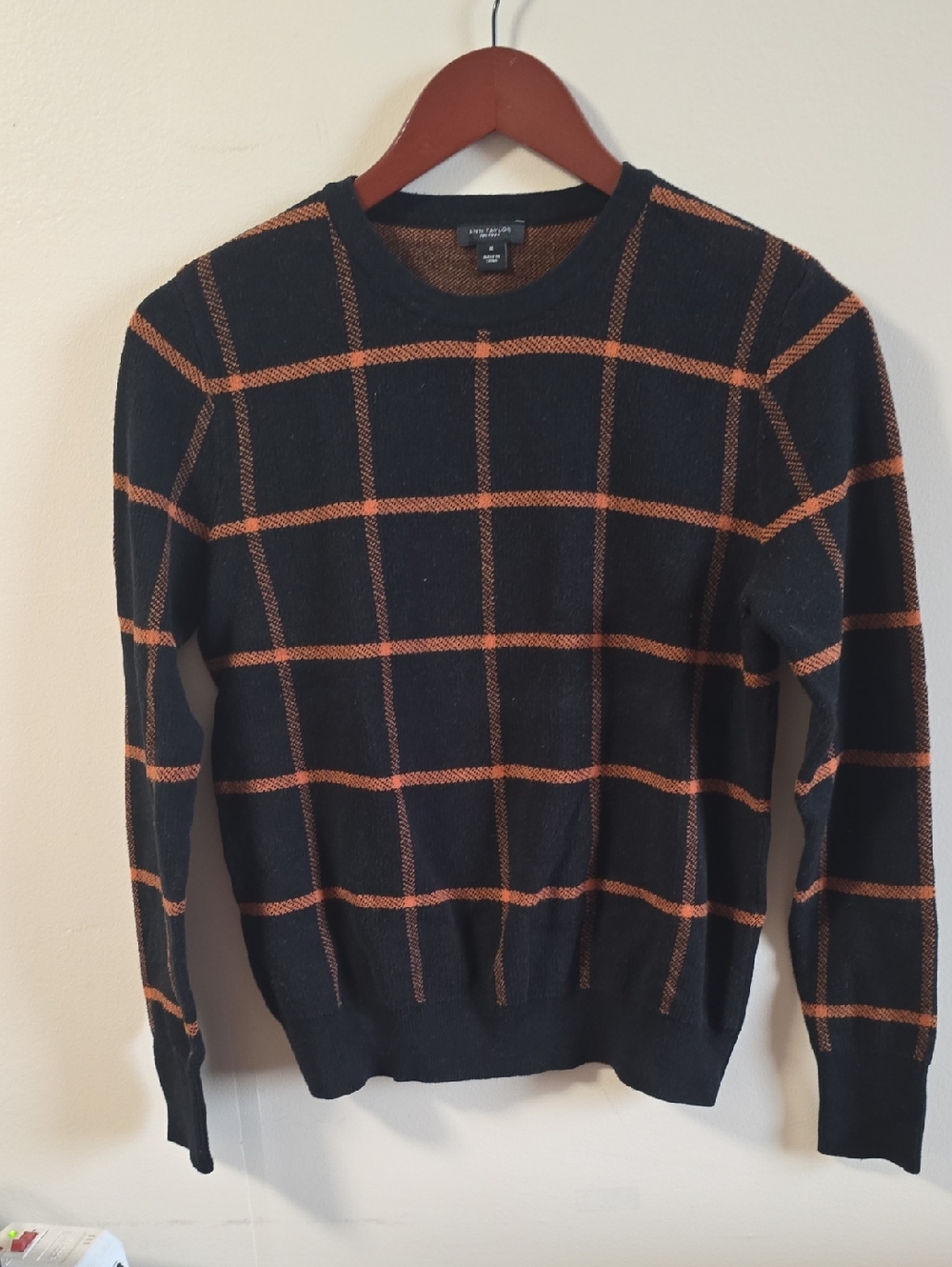 Ann Taylor Women's Black Crewneck Sweater with Orange Windowpane